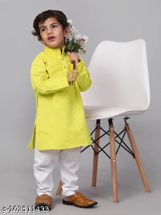 Cotton Kurta with Pyjama for Boys (Lemon Yellow & White, 5-6 Years)