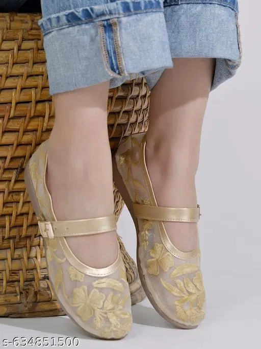 Printed Synthetic Ballerinas for Women (Gold, IND-5)