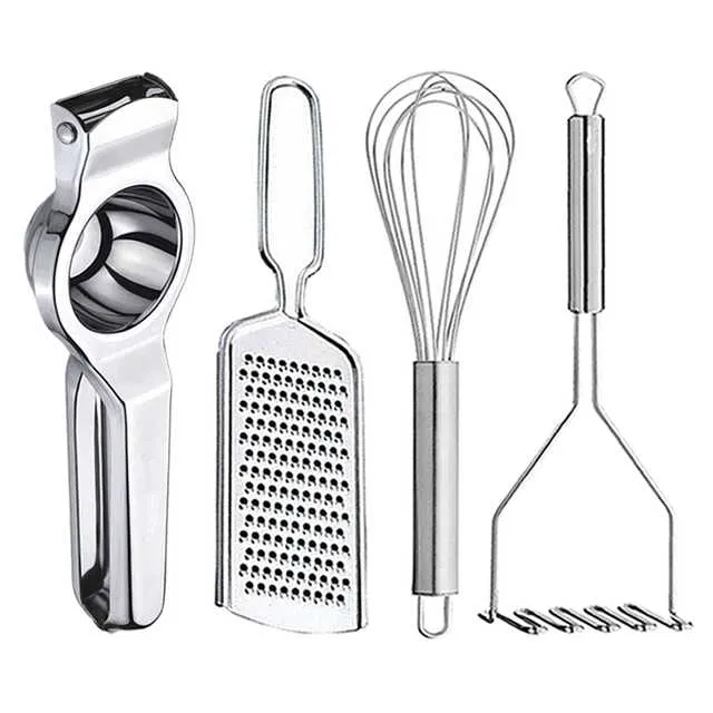Oc9 Stainless Steel Lemon Squeezer & Cheese Grater & Egg Whisk & Potato Masher Kitchen Tool Set (O-82)