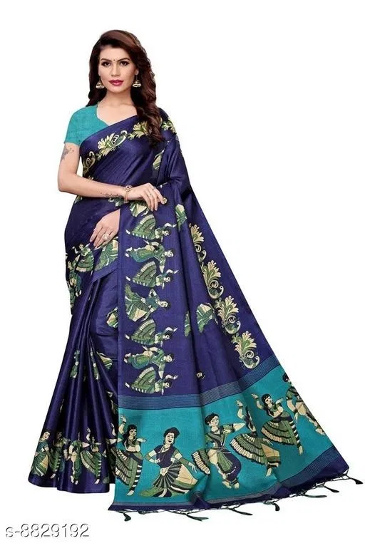 Khadi Silk Printed Saree for Women, Navy Blue (6.3 m)