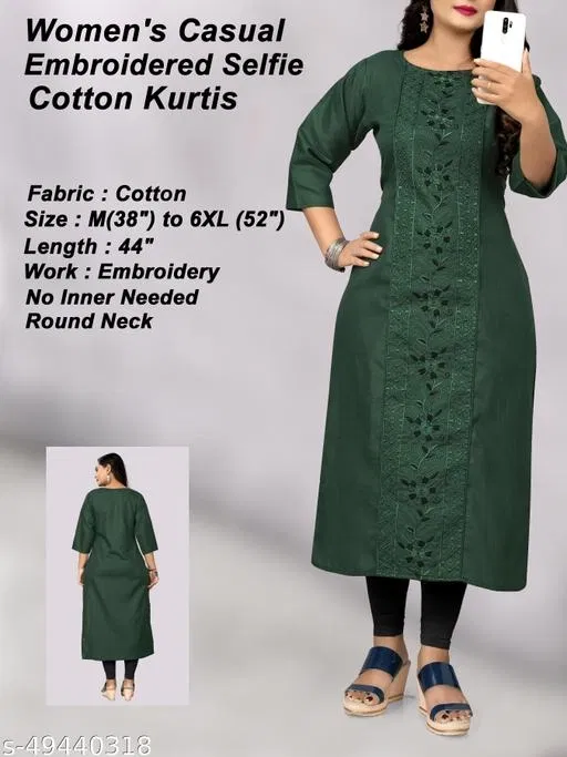 Floral Embroidered A-line Kurti for Women (Green, XXXL)