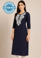 Star Design Cotton Embroidery Long Kurti For Women (Navy Blue) Size (M)