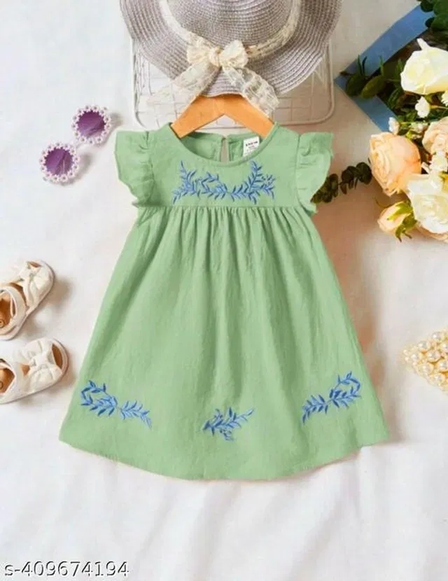 Cotton Frock for Girls (Olive, 6-9 Months)