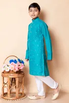 Cotton Blend Embellished Kurta with Payjama for Boys, Teal & White 