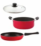 Aluminium Nonstick Cookwear Set with Glass Lid (Red, Set of 3)