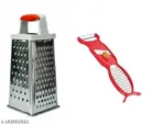 Stainless Steel Vegetable Grater cum Slicer with Multipurpose Peeler (Red & Silver, Set of 2)