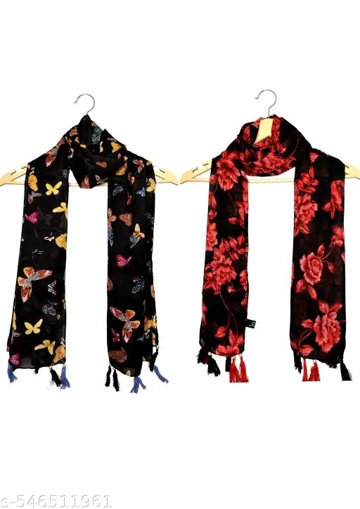 Poly Chiffon Scarves for Women, Multicolor, Pack of 2