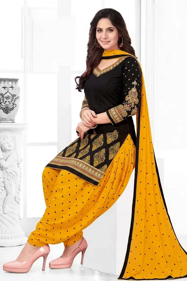 Punjabi Floral Unstitched Suit for Women (Black, Free size)