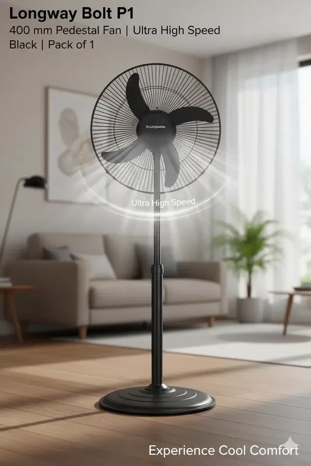Longway Bolt P1 400 mm 3 Blade Pedestal Fan  (Ultra High Speed | Black | Pack of 1)