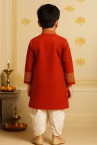 Cotton Printed Kurta with Dhoti for Boys, Red & White 