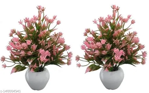 Plastic Artificial Flower With Pot,Multicolour, Set Of 2