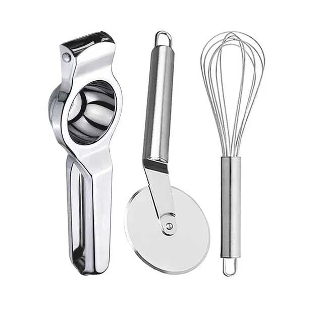 Oc9 Stainless Steel Lemon Squeezer & Pizza Cutter & Egg Whisk Kitchen Tool Set (O-42)