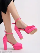 [247] Pink Solid Square Toe Block Sandals for Women 