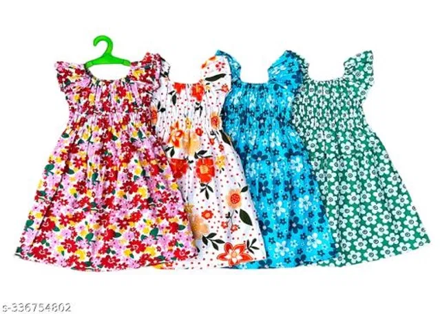 Cotton Frocks for Girls (Multicolor, 7-8 Years) (Pack of 4)