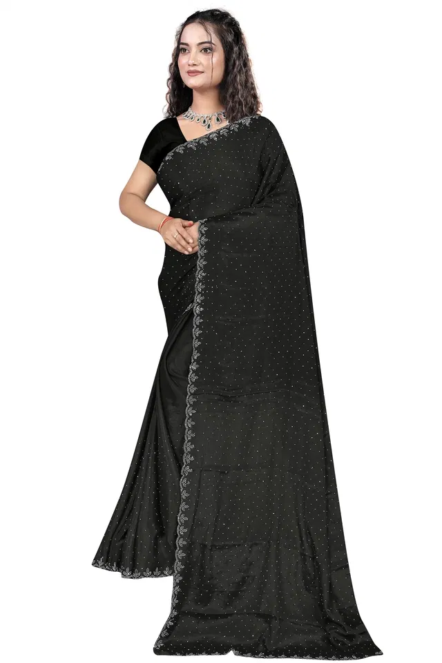 Crepe Solid Saree for Women, Black (6.3 m)