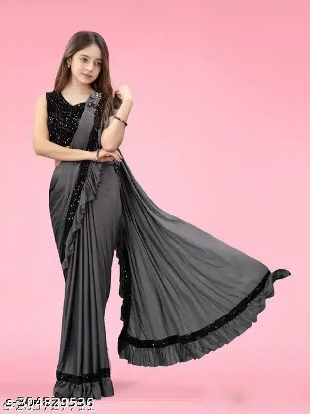 Ready to Wear Saree for Girls (Grey, 13-14 Years)