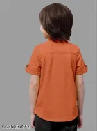 Solid Cotton Blend Mandarin Collar Short Sleeve Shirt for Boys 