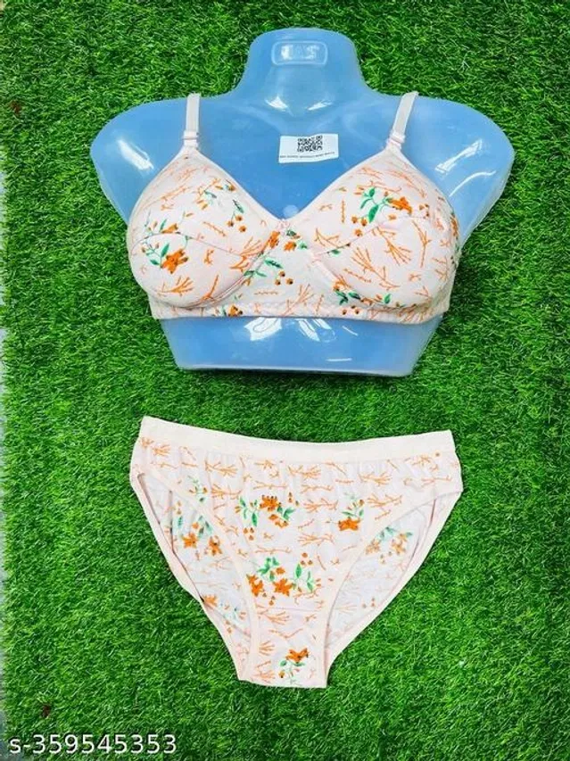 Cotton Blend Printed Lingerie Set for Women (Multicolor, 32A)