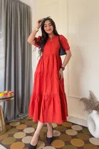 Cotton Blend Solid Dress for Women (Red, S)