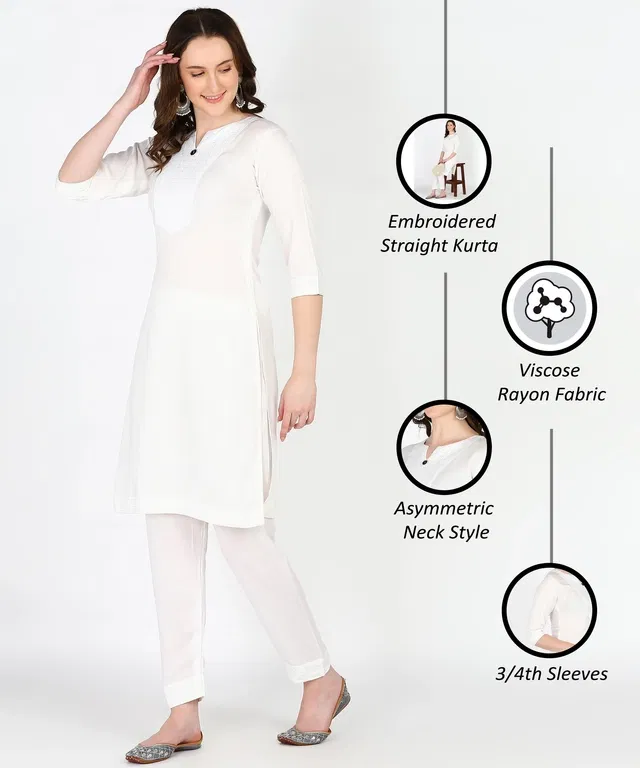 Rayon Solid Kurti for Women (White, XL)