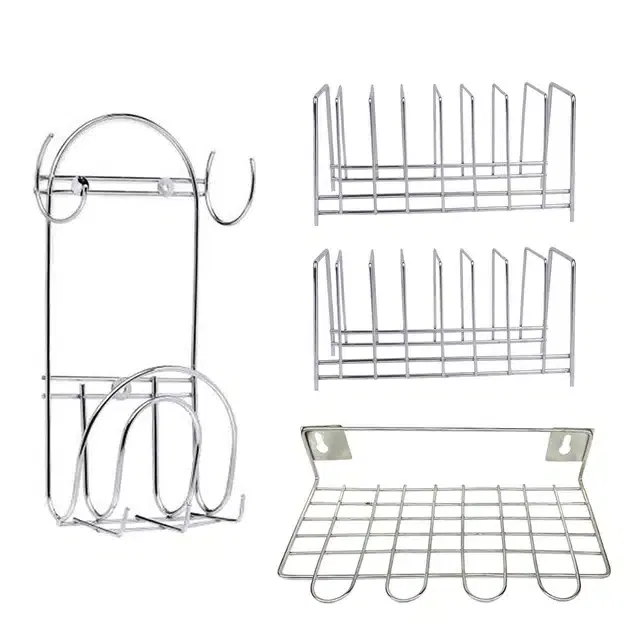 2 Pcs Stainless Steel Plate Stand & Utensil Holder with Chakla Belan Stand (Set of 4, Silver)