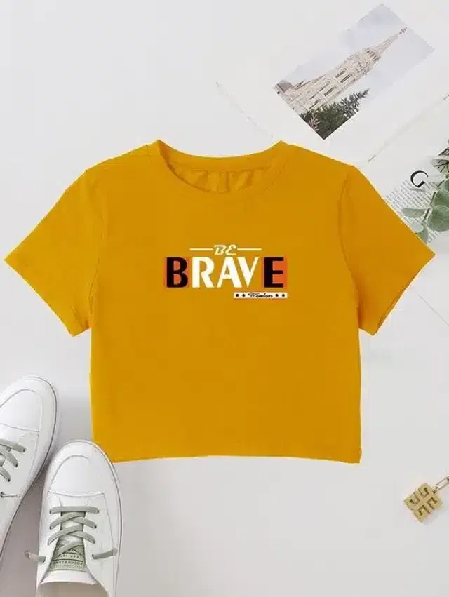 Printed Crop T-shirt for Women (Yellow, XL)