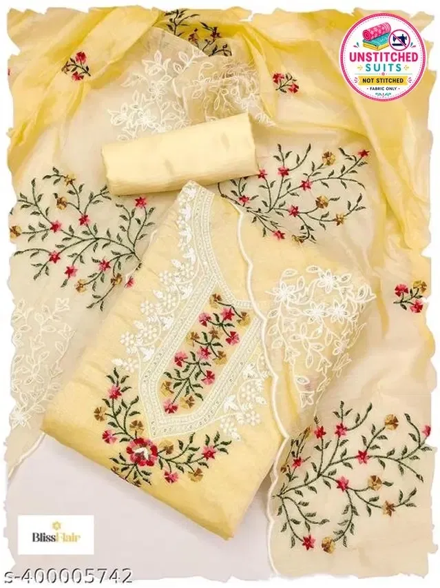 Embroidered Unstitched Suit for Women (Yellow, 2.25 m)