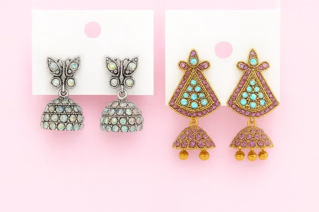 Women's Designer Gold & Silver-Tone Fancy Jhumka Earrings Set (Pack of 2)