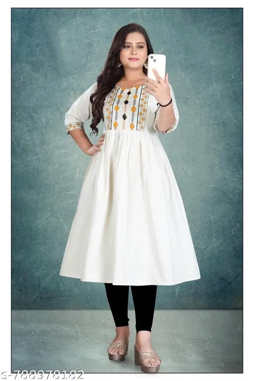 Embroidered Cotton Kurti for Women (White, XXXL)