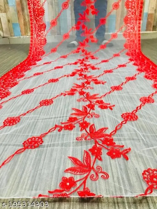 Botanical Aari Work Embroidered Net Dupatta for Women (Red, Free Size)