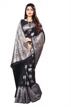 Litchi Silk Zari Woven Saree for Women, Black 