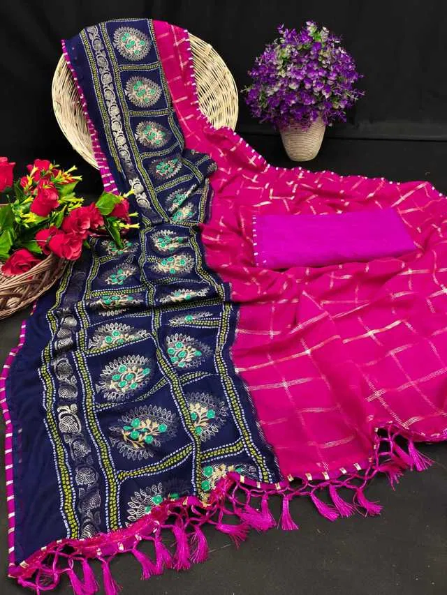 कनूड़ा प्रिंट्स विमेंस सॉफ्ट जॉर्जेट विद लेस वर्क साड़ी (ब्लू, 5.5 m) (KP78)