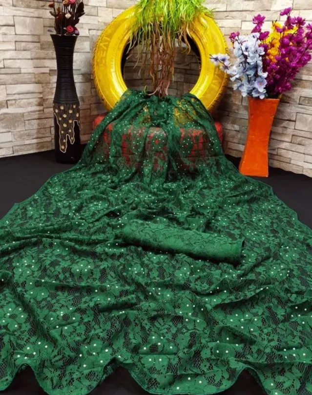 Net Solid Saree for Women (Bottle Green, 6.3 m)
