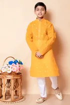 Cotton Blend Embroidery Kurta with Payjama for Boys, Yellow & White 