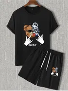 Polyester Printed Co-Ord Set for Men, Black 