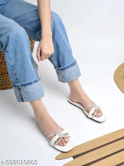 Shoetopia White Embellished Flat Sandals (IND-5)