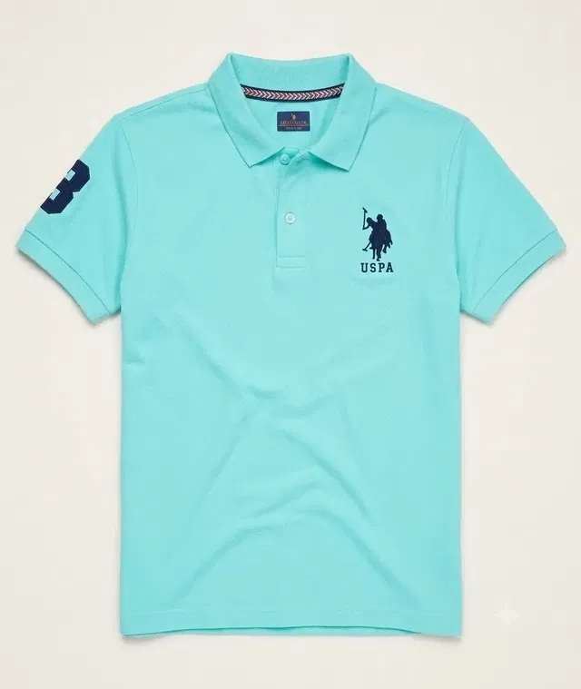 Polo Neck Solid T-shirts for Men (Aqua, L)