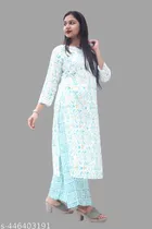 Rayon Printed Kurti with Palazzo for Women (Aqua Blue, M)