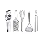 Oc9 Stainless Steel Lemon Squeezer & Cheese Grater & Egg Whisk & Potato Masher & Roti Chimta Kitchen Tool Set 