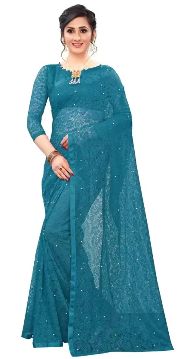 Net Solid Saree for Women (Teal, 6.3 m)