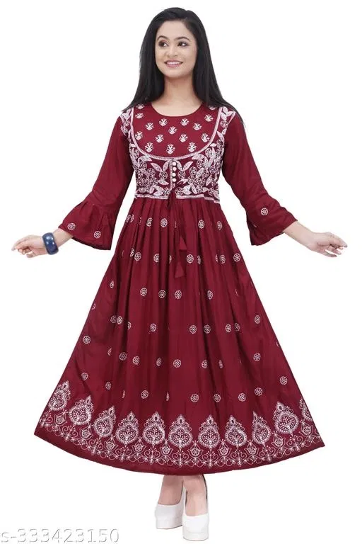 Gown Kurti for Women (Maroon, XL)