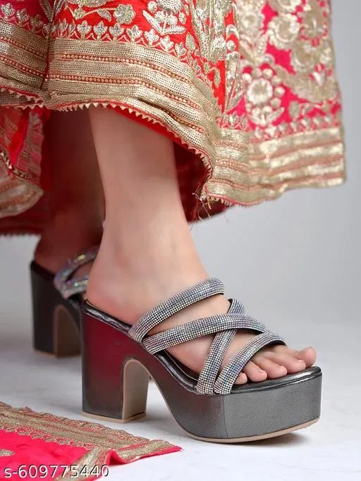 Shoetopia Black Embellished Heel Sandals (Size IND-2)