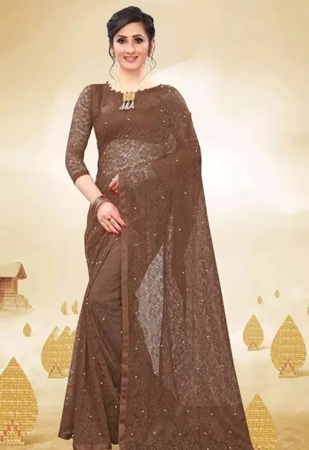 Net Solid Saree for Women (Brown, 6.3 m)