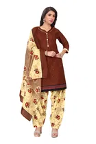 Cotton Blend Floral Kurti with Pant & Dupatta for Women (Brown, S)