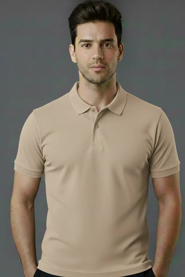 Cotton Blend Polo Neck T-shirt for men, Beige (S)