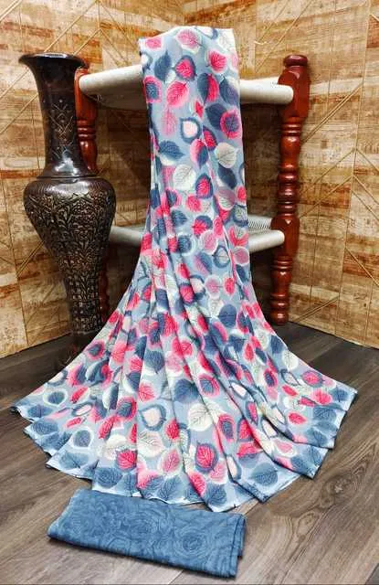 Kanooda Prints Georgette Women Saree With Un-stitched Blouse (Grey) (KP-15)