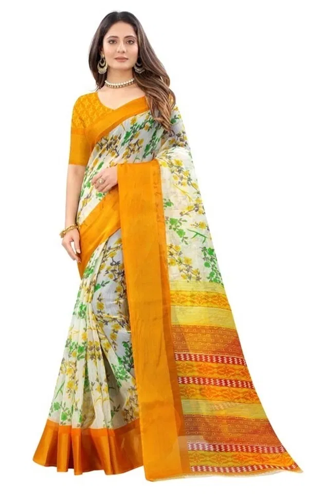 Cotton Printed Saree for Women (Yellow, 6.3 m)