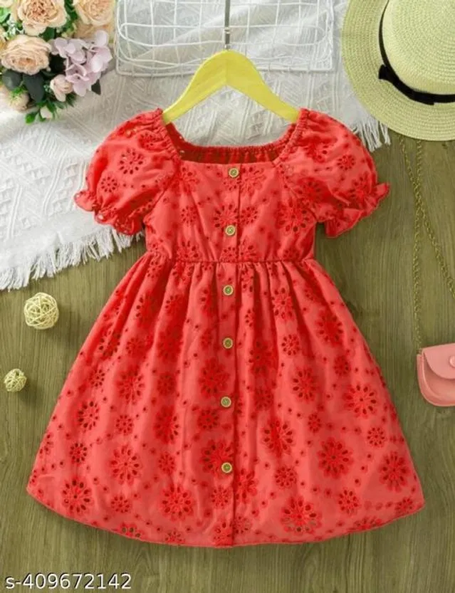Cotton Frock for Girls (Red, 9-12 Months)