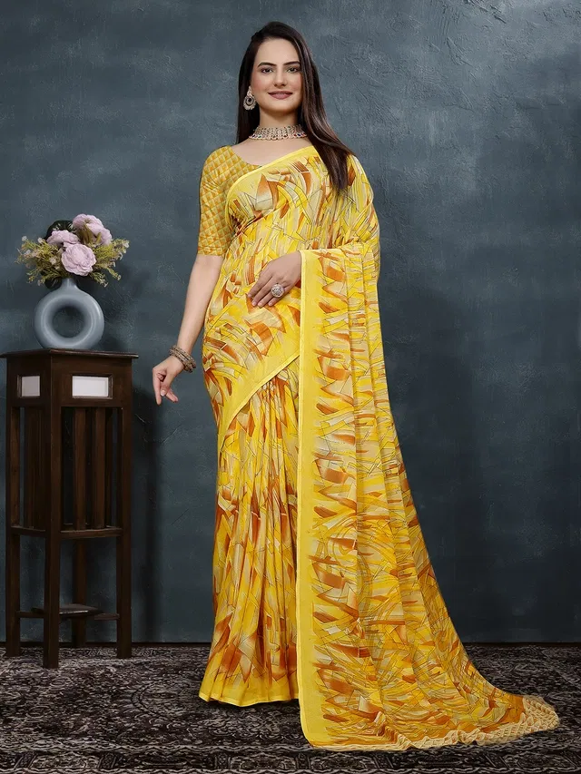 Georgette Printed Saree for Women (Yellow, 6.3 m)