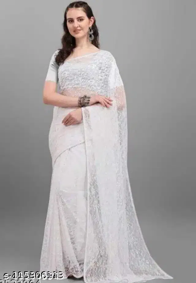 Net Saree for Women (White, 6.3 m)